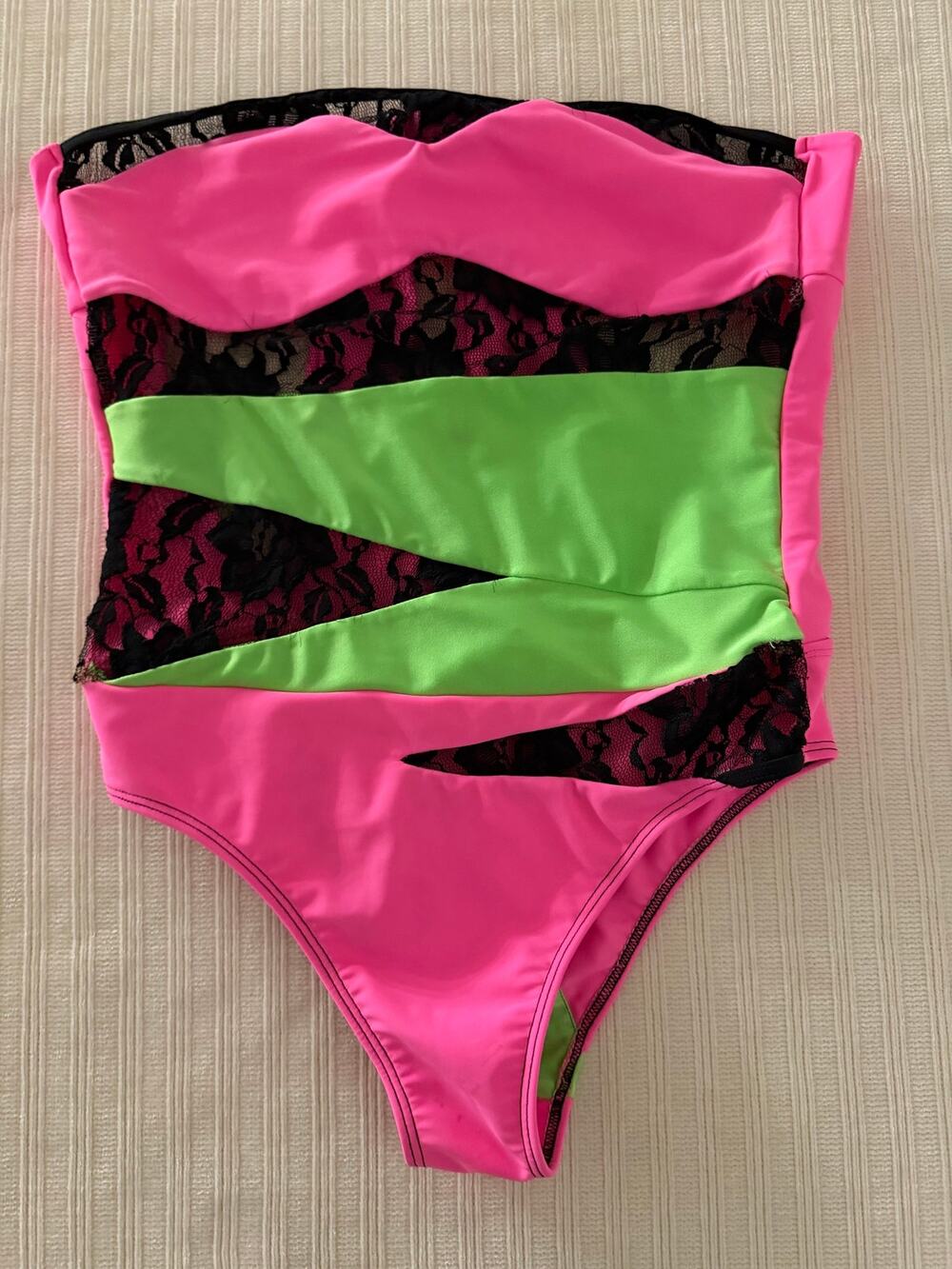 TVK Swimwear Neon Pink Lime Green Lace Cutout One Piece Swimsuit M